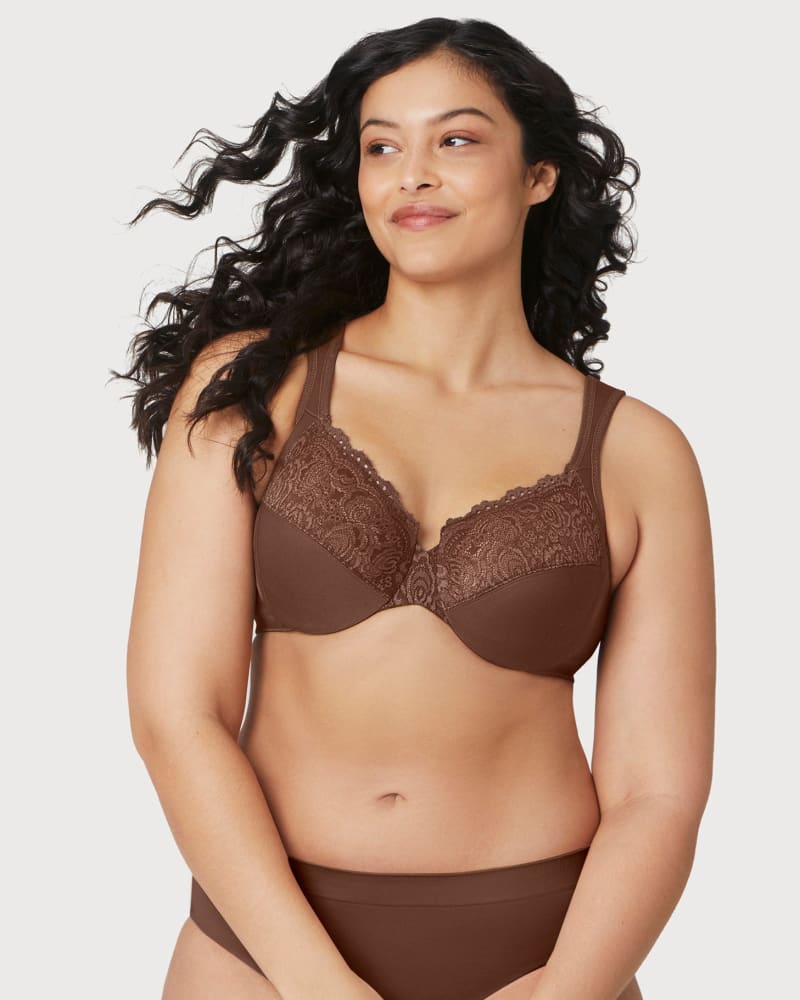 Front of a model wearing a size 36G Low Cut WonderWire Lace Bra in Mocha by Glamorise. | dia_product_style_image_id:260707